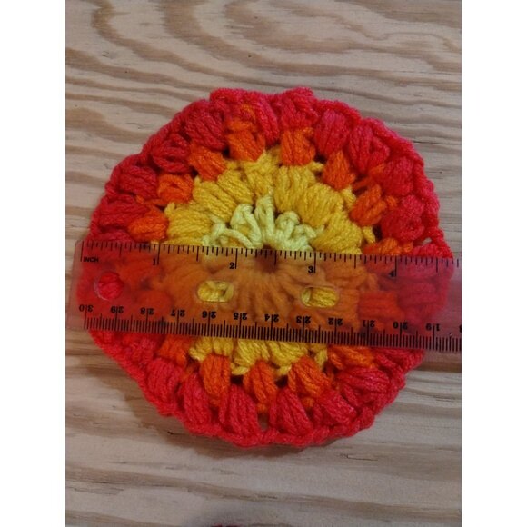Handmade Crochet Coasters Set Of 2 - Vibrant Yellow Orange & Red Design With Fel - Picture 5 of 6
